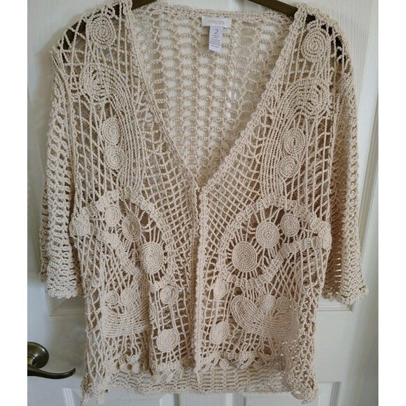 Chico's Cardigan Size 2 US L Ivory Metallic Crochet Hook Front - Picture 1 of 6